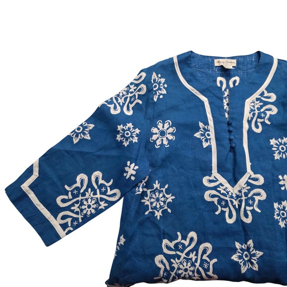 Marisa Christina Tops - Marisa Christina Woman Blue White Floral Tunic Top 1X Linen Blend